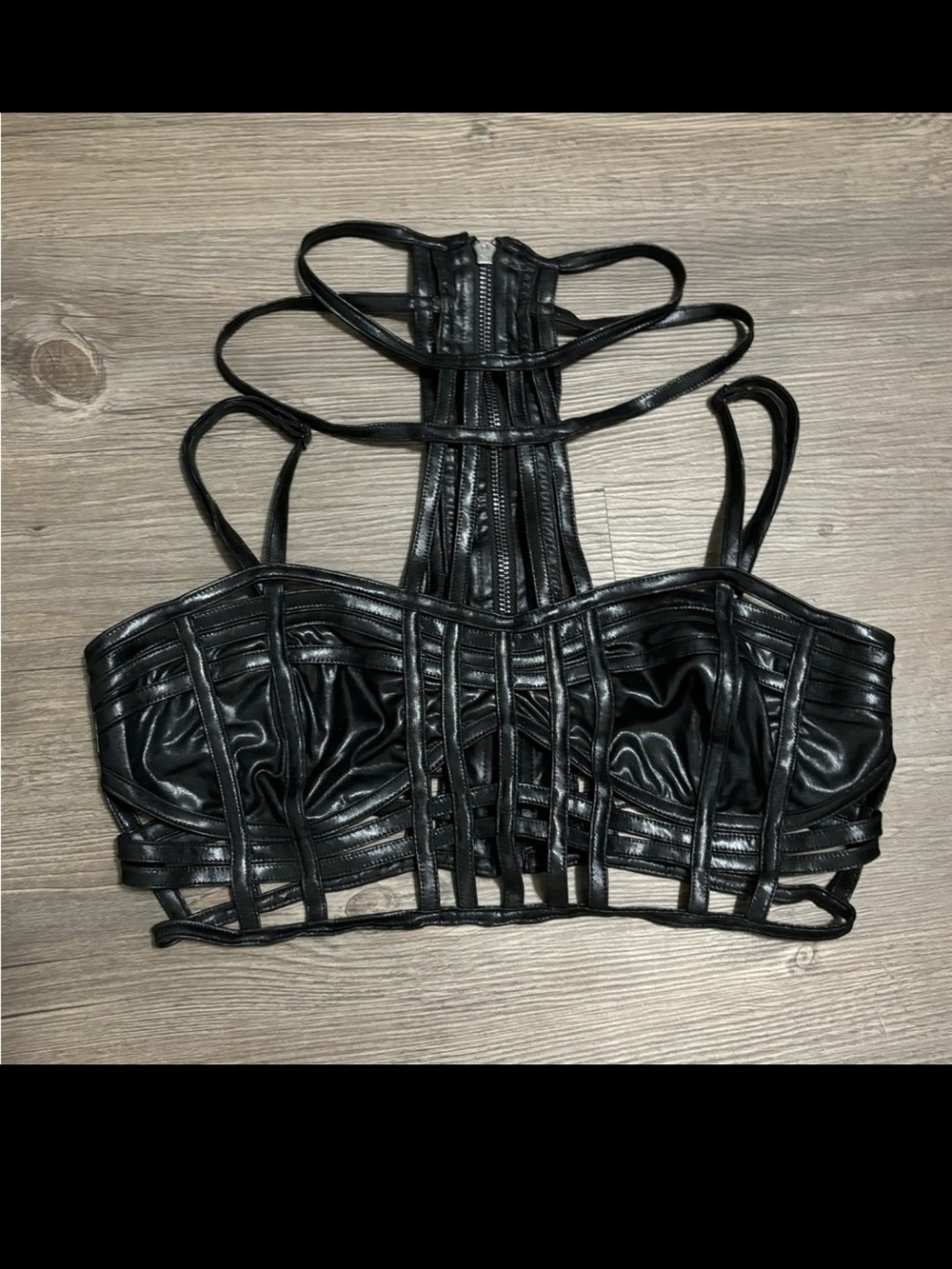NWOT Dolls Kill Club Exx Black Strappy Faux Leather Cage Bralette Top